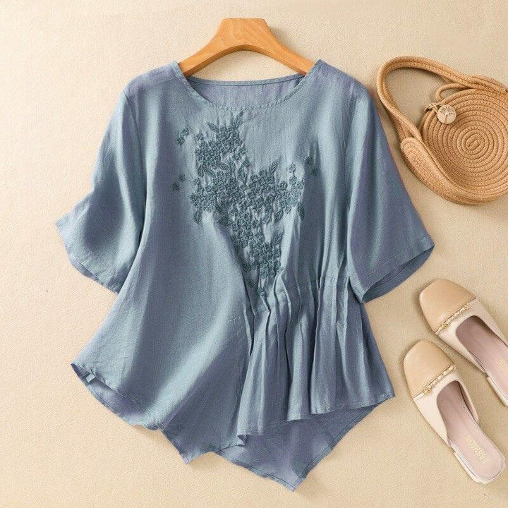 Genoa Embroidered Pleated Blouse - Azure