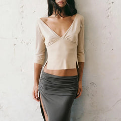 Sienna Slit V-Neck Top - Sandstone