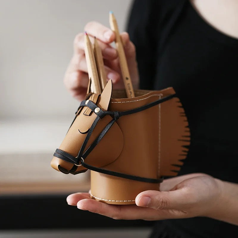 Leather Horse Desk Organizer - Cognac