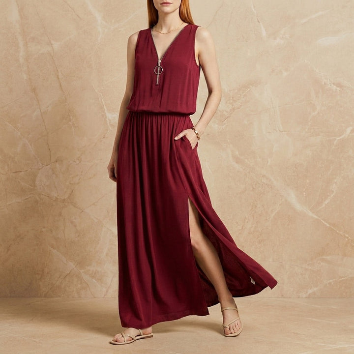 Lecce Zip Neck Maxi Dress - Crimson