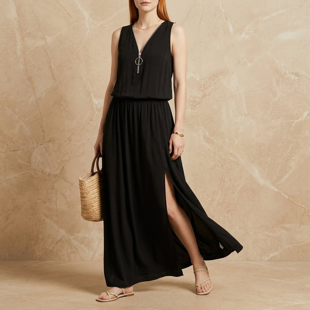 Lecce Zip Neck Maxi Dress - Onyx