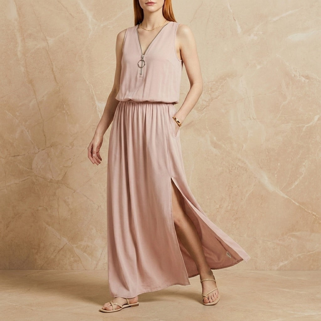 Lecce Zip Neck Maxi Dress - Rose