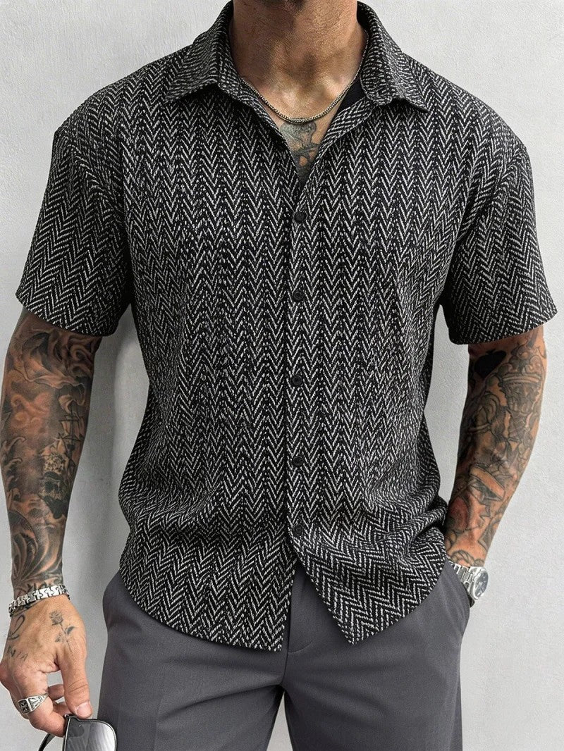 Levan Herringbone Short Sleeve Shirt - Charcoal Herringbone