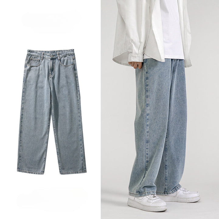 Light blue, wide-leg design jeans are shown on the left flat against a white background and on the right, worn by a person paired with a white shirt and white sneakers for a trendy Korean fashion look.