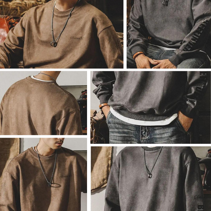 Collage of a person modeling relaxed fit crewneck sweatshirts in brown and charcoal gray, styled with jeans and a black necklace featuring a circular pendant. The images highlight various angles and streetwear details of the garments.
