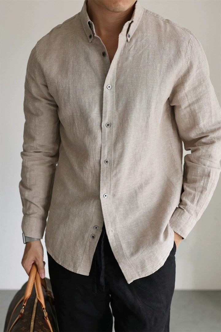 Odense Linen Work Shirt - 亚麻皱布长袖寸衫  卡其