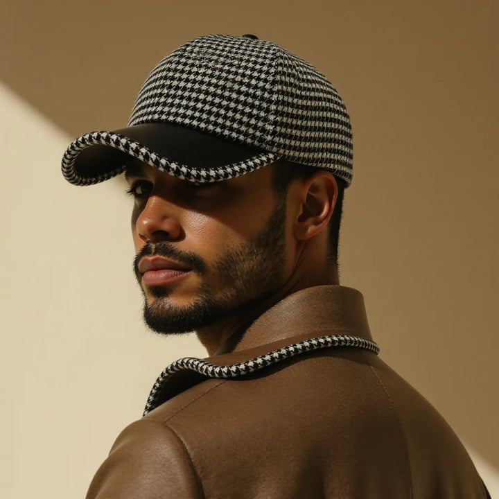 Vance Houndstooth Leather Cap
