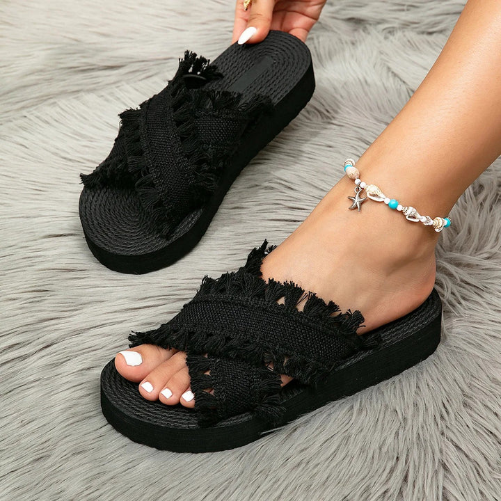 Pisa Linen Platform Slides - Onyx Black