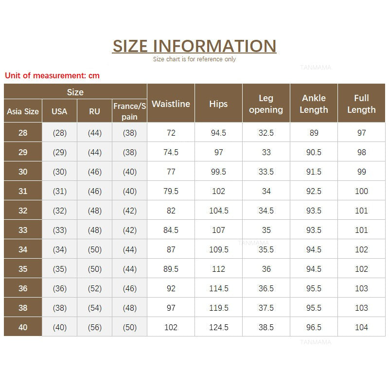 A size chart for Mens Slim Casual Trousers in premium fabric, showing Asia, USA, RU, and France/Spain sizes. Includes waistline, hips, leg opening, ankle length & full length (cm) for sizes 28–40. Perfect for a business formal look.
