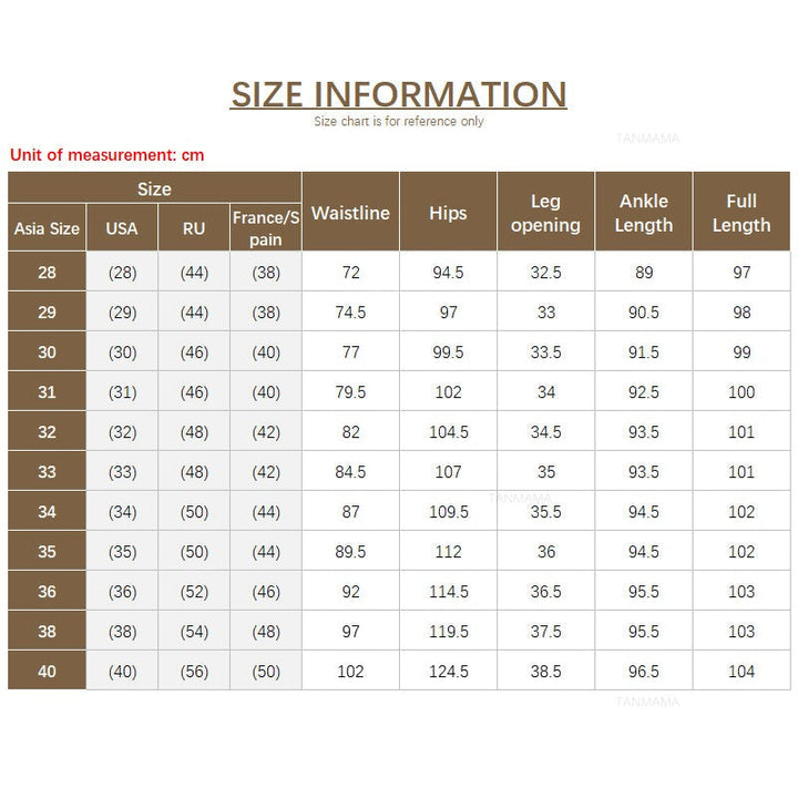 A size chart for Mens Slim Casual Trousers in premium fabric, showing Asia, USA, RU, and France/Spain sizes. Includes waistline, hips, leg opening, ankle length & full length (cm) for sizes 28–40. Perfect for a business formal look.