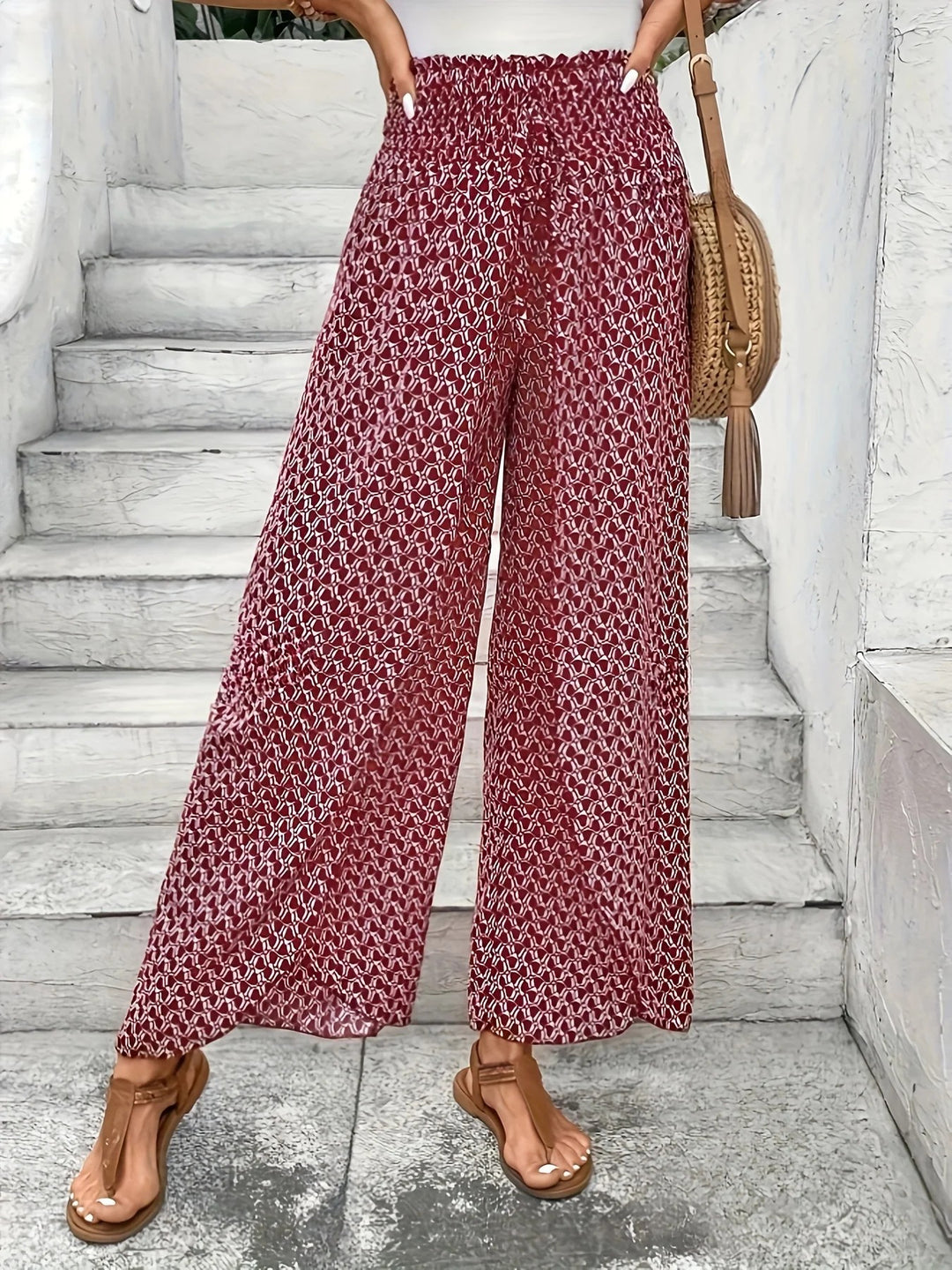 Positano Print Wide Leg Pants - Sienna Red