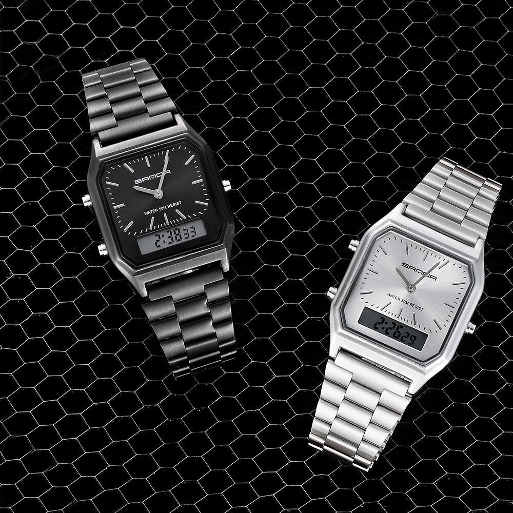 Two Luxury G Style Watches with dual display are showcased side by side on a black hexagonal mesh background, featuring stainless steel bands and both analog and digital time. Perfect as a waterproof sports watch for any occasion.