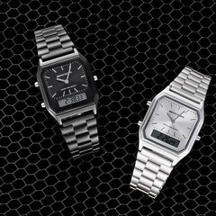 Two Luxury G Style Watches with dual display are showcased side by side on a black hexagonal mesh background, featuring stainless steel bands and both analog and digital time. Perfect as a waterproof sports watch for any occasion.