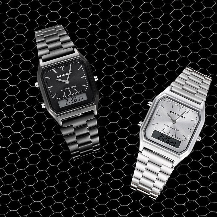 Two Luxury G Style Watches with dual display are showcased side by side on a black hexagonal mesh background, featuring stainless steel bands and both analog and digital time. Perfect as a waterproof sports watch for any occasion.
