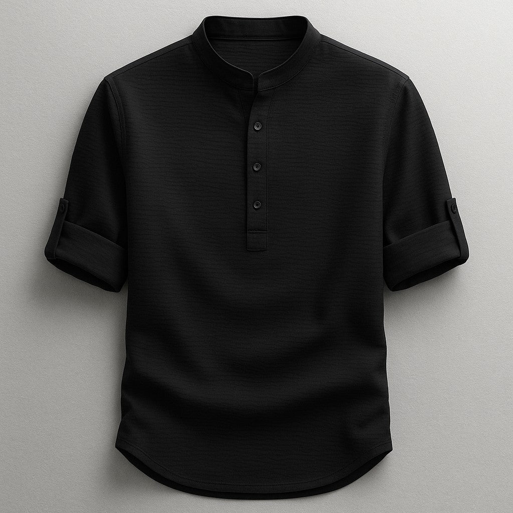 Rennes Cotton Henley Shirt - Classic Black