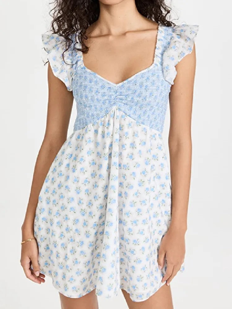 Rina Floral Ruched Mini Dress - White Blue Floral