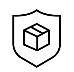 A black outlined shield frames a 3D cube icon in the center, symbolizing shipping protection, all on a white background.