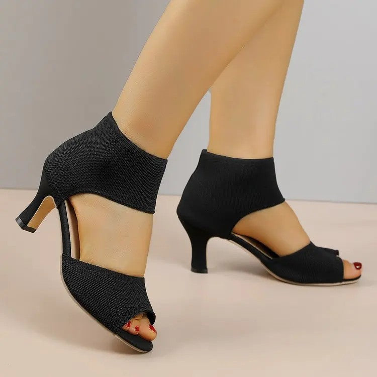 Torinello Knit Peep Heels - Onyx Black