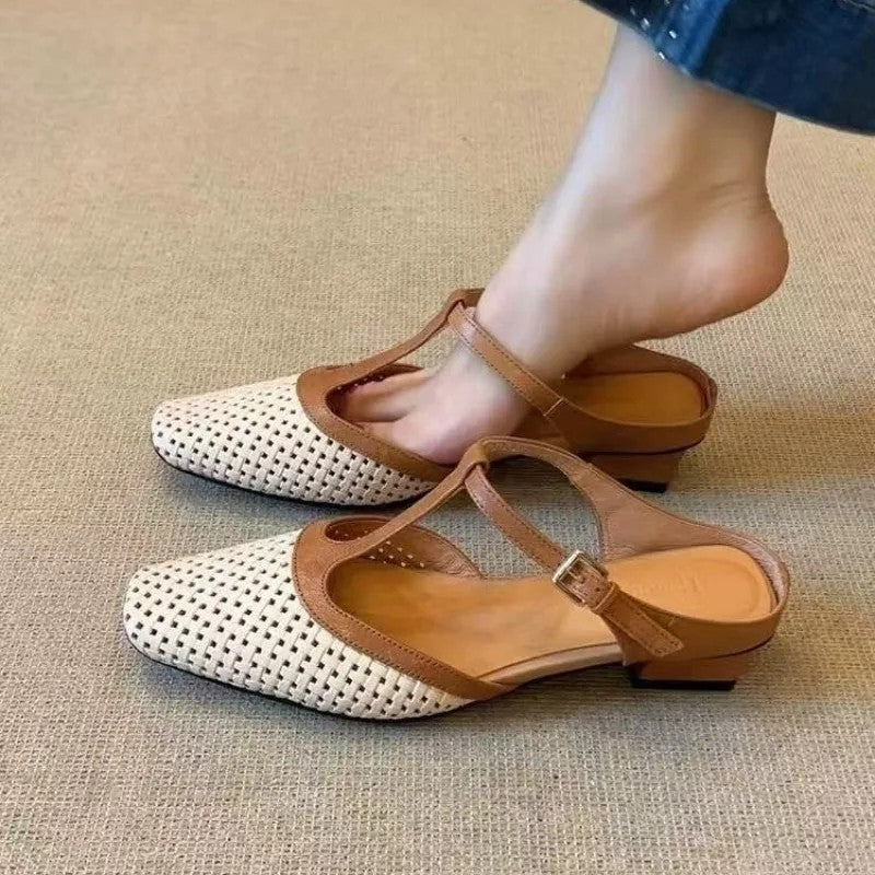 Valmont Woven Square-Toe Heels - Desert Sand
