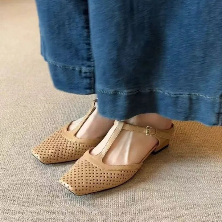 Valmont Woven Square-Toe Heels - Ecru Tan
