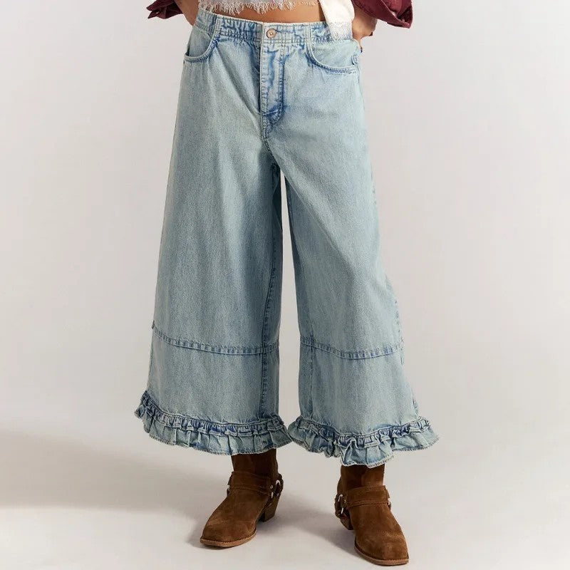 Vela Ruffle Cropped Jeans - Light  Blue
