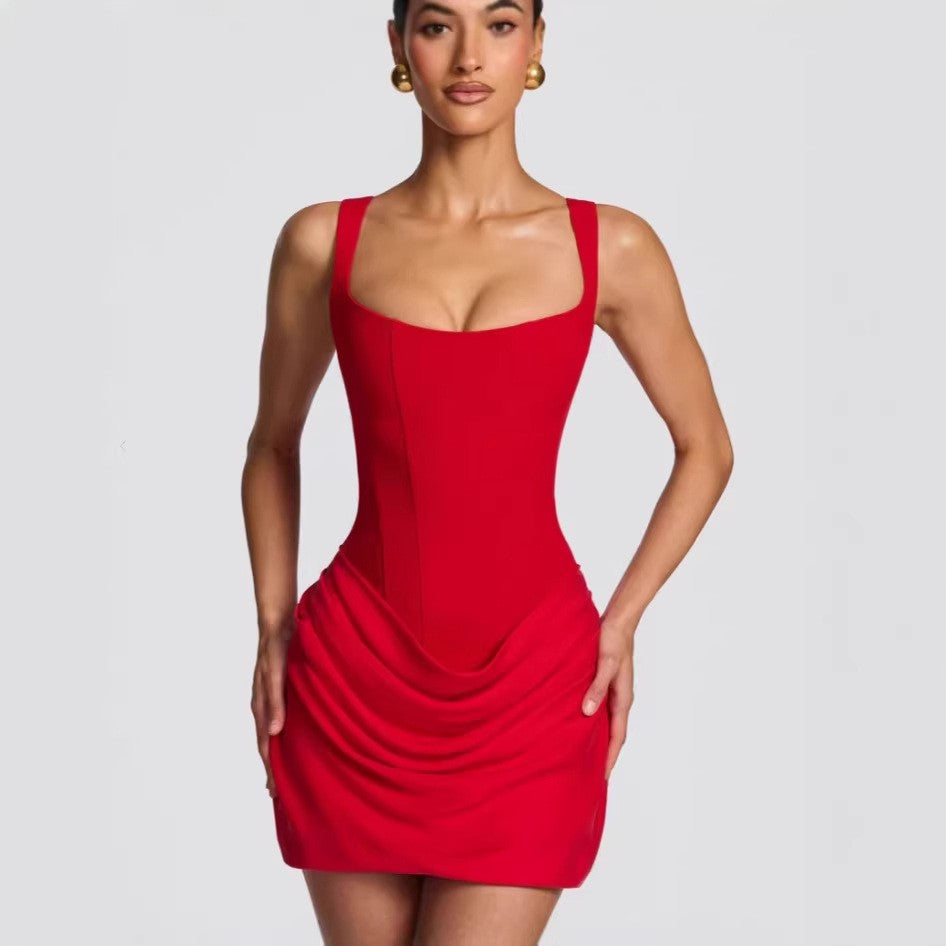 Vendome Square Neck Mini Dress - Crimson