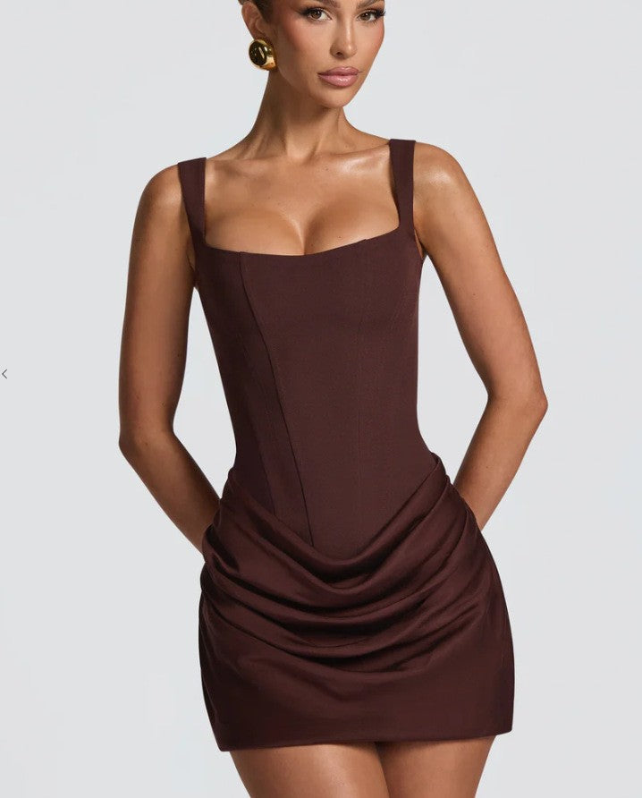 Vendome Square Neck Mini Dress - Espresso
