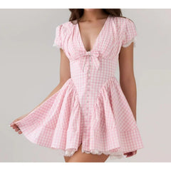 Vernier Corset Mini Dress - Blush Plaid & Lace