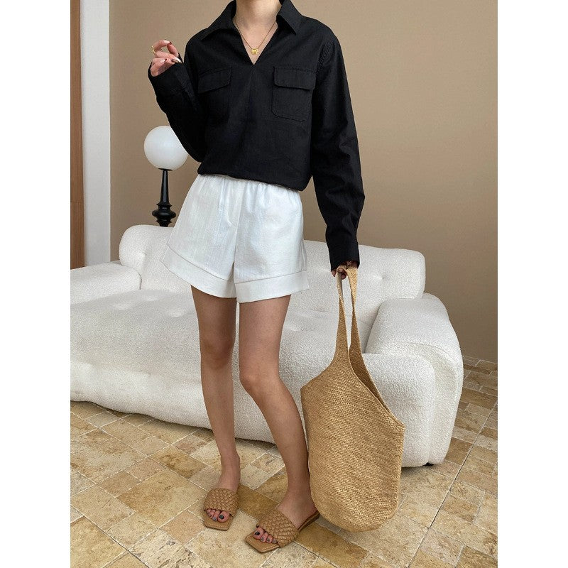 Verona Linen V-Neck Shirt - Black