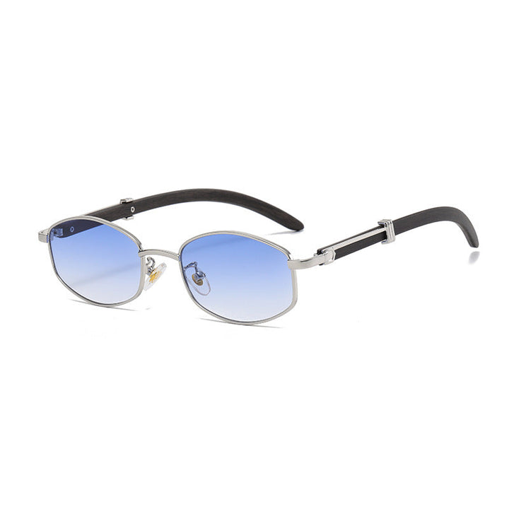 A pair of vintage-inspired sunglasses with thin gold-tone frames, blue gradient lenses, and black curved arms featuring metal accents near the hinges. Enjoy both style and UV400 protection.