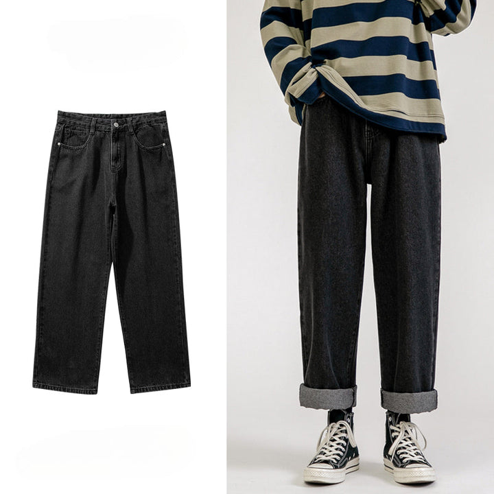 Two images: on the left, a pair of men’s baggy jeans with a wide-leg design laid flat; on the right, a person styled in Korean fashion wears the same jeans with rolled cuffs, striped sweater, and sneakers, standing casually.