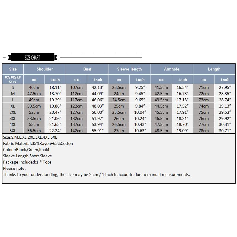 A size chart for Mens Hawaiian Shirt tops, listing measurements in centimeters and inches for sizes S to 5XL, including shoulder, bust, sleeve length, armhole, and length. Perfect for streetwear fashion; fabric is cotton or rayon in black, green, or khaki.