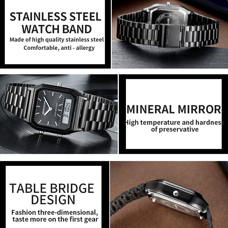 Stainless steel wristwatch with a rectangular black face, mineral mirror, and table bridge design. This Luxury G Style Watch features a durable, anti-allergy band and high-temperature, hard mirror. Multiple angles highlight its modern look.